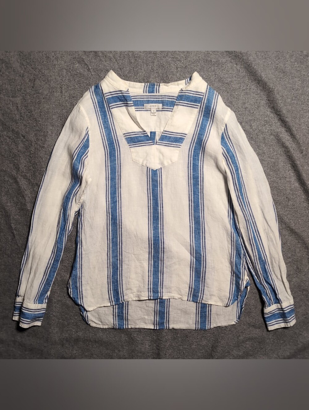 J.CREW Blue & White Vertical Striped 100% Linen Long Sleeve Split Neck Top Size